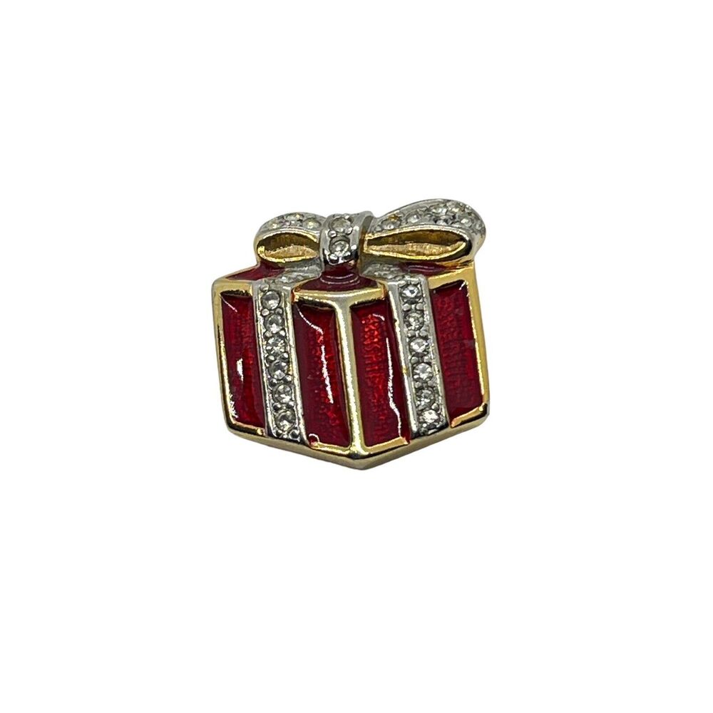 Christmas Present Gift Brooch Pin Gold Red Enamel Rhinestone Accents Vintage AFJ
